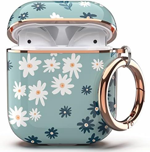 TATOFY Case Cover for AirPods 1&2, Stylish AirPods Case for Women Girls, Flower Patterns Protective Hard Case with Clip (Cyan)