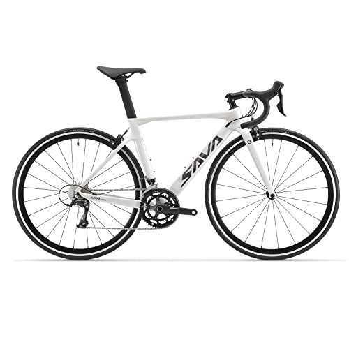 SAVADECK Bicicleta de carretera de carbono, Warwinds3.0 700C, marco de fibra de carbono, horquilla y tija de sillín con sistema de desviador SORA de 18 velocidades y freno en V doble (blanco, 47 cm)