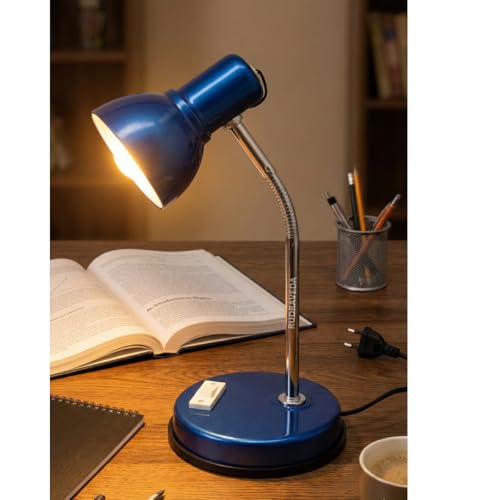Image of Metal Desk Lamp with Bulb, Red Finish, Adjustable Gooseneck, 16 Inch Height, Strong Body Table Lamp (Blue)