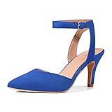 ORIPLALLA Blue Heels for Women Dress Shoes Low Heel Ankle Strap Slingback D'Orsay Non Slip Closed To