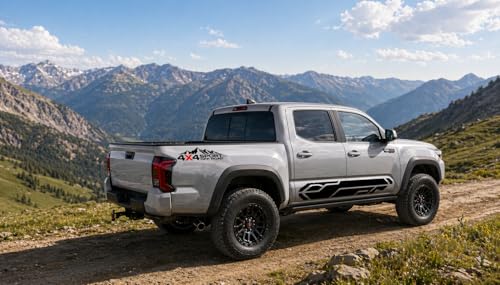 Image of 4x4 Off Road Sport Truck Decal Stickers 2PCS - Premium Vinyl Side Graphics for Pickup Bed - Compatible with Tacoma, Tundra, F150, RAM, Wrangler - Black & Red - Includes Squeegee (Mountain Sport)