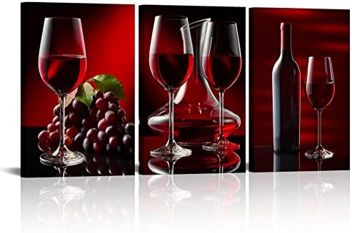 LyerArtork 3 Piece Kitchen Canvas Wall Art Black and Red Wine Painting Framed Artwork Wine Cup Bottle and Grapes Picture Prints for Dining Room Kitchen Restaurant Wall Decor 16x24inchx3panels