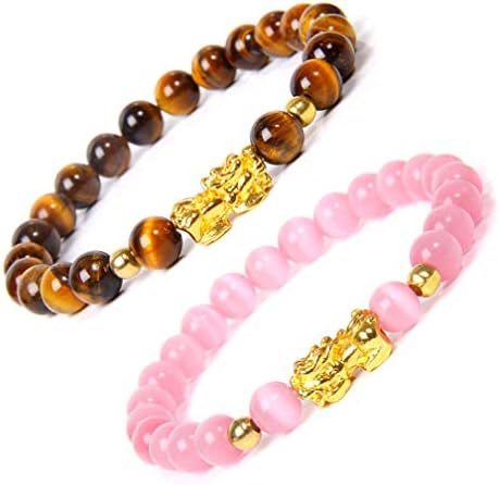 Feng Shui PI xiu bracelet wealth luck bracelet, natural tiger eye stone and pink opal couples bracelet to make the love smooth, attract wealth and good luck (2 Pieces Feng shui PI xiu bracelet)