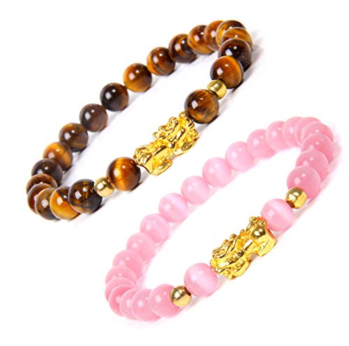 Feng Shui Pi Xiu Bracelet Wealth Luck Bracelet, Natural Tiger Eye Stone And Pink Opal Couples Bracelet To Make The Love Smooth, Attract Wealth And Good Luck (2 Pieces Feng Shui Pi Xiu Bracelet) #TOP3