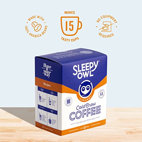 Image of Sleepy Owl Caramel Cold Brew Coffee Bags | Set of 5 Packs - Makes 15 Cups | Easy 3 Step Overnight Brew - No Equipment Needed | Medium Roast | 100% Arabica | Directly Sourced From Chikmagalur