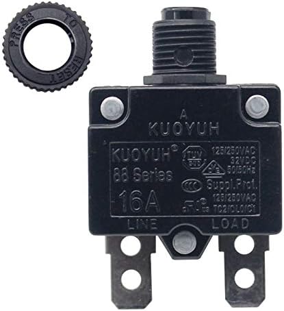 KUOYUH 88 Series 3, 5, 7, 8, 10, 12, 13, 15, 16, 20, 25, 30 Amp DC Circuit Breaker Push-Button Reset with Quick Connect Terminals and Transparent Waterproof Button Cover (16A)