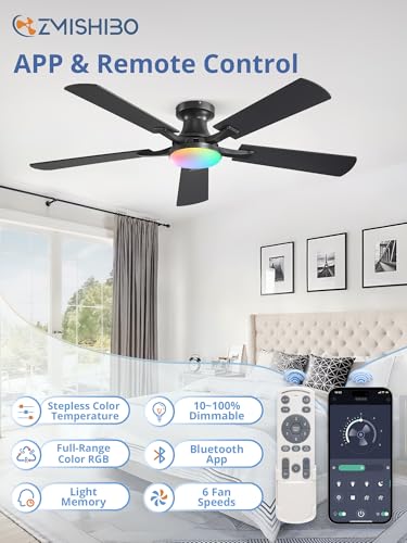 Image of ZMISHIBO 52 Inch RGB Ceiling Fan with Light, App&Remote Control, Flush Mount Low Profile, Dimmable 20W LED Light, Quiet Reversible Motor for Bedroom, Living Room, Apartment, Black