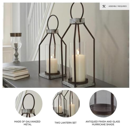 Signature Design by Ashley Diedrick Rustic Lantern, Set of 2, Indoor/Outdoor, Galvanized Metal, Antiqued Finish, Glass Shade, Holds 3 in. Pillar Candles (Not Included), 19" &17", Gray and Black - image 4