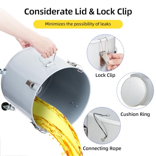 PioneerWorks Fryer Grease Bucket 10 Gal, Coated Carbon Steel Oil Filter Pot with Caster Base, Oil Disposal Caddy, Transport Container with Lid Lock Clip Nylon Filter Bag, Silver