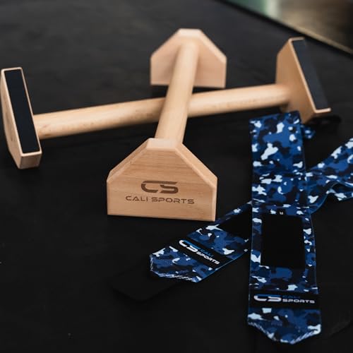 Image of CALI SPORTS Calisthenics Wood Parallettes Bars | Push Up Bar That Will Not Slip or Wobble | Wrist Wraps Included (Long)