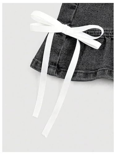 OYOANGLE Women's Bowknot Mini Denim Skirt Y2K Mid Waist Ruffle Hem Jean Skirts with Pocket3