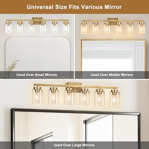 Image of IZORRO Bathroom Light Fixtures, Modern Vanity Lights, Bathroom Lighting Fixtures Over Mirror with Clear Glass Shade, Wall Sconce for Living Room Cabinet Bedroom (Brushed Gold, 6-Light)