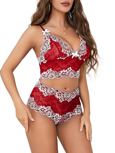 Image of Lilosy Sexy Lingerie for Women Lace Pajamas Set Cami Bra and Panty High Waist Sheer Sleepwear 2 Piece 2XS-6XL