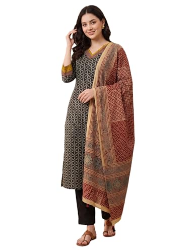 Image of INDO ERA Women's Pure Cotton Abstract Printed Mirror Work Kurta & Pant with Dupatta Set (IEAI13205)|Cotton Suits For Women With Dupatta