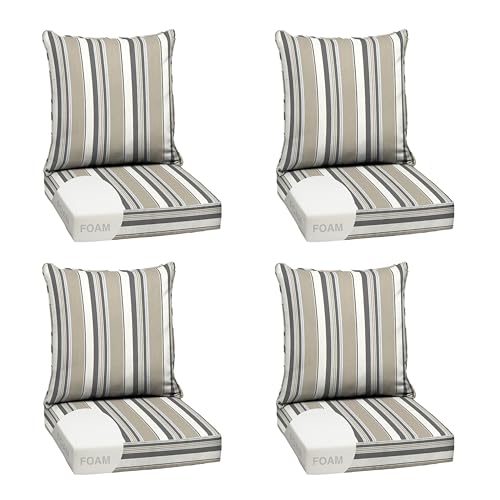 Image of Arden earthFIBER Outdoor Foam Deep Seat Cushion, 4-Pack, 24x24, Premium High-Density Foam, Never Flattens, Weather-Proof for Patio Chair Sofa Couch, Taupe Grey Boardwalk Stripe