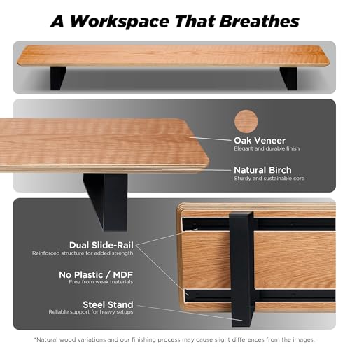 Image of ULTRARM Heavy Duty Ultrawide Monitor Arm White with Moodular Wooden Monitor Stand Large Desk Organizer Oak
