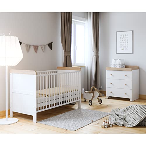 Little Acorns Classic 2 Piece Nursery Bedroom Set, Cot Bed and 2 in 1 Dresser Changing Unit Storage Organizer – White and Oak Two Tone