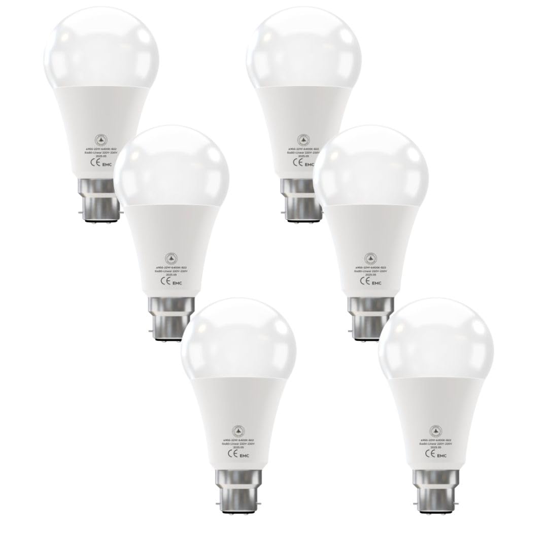 Pack 6 - LED Bayonet A95 (95mm Diameter) Light Bulb 22W, 100W Equivalent Cool White 6400K B22 2270 Lumens GLS Golf, Non-Dimmable, Modern Style Home Lighting Decoration Bulb [Energy Class A]