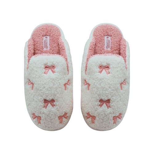 Bow Slippers Coquette Pink Slippers Memory Foam Cute Plush Fluffy Warm Fur slippers Indoor House Home Winter