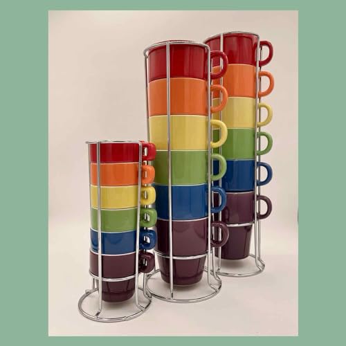 Image of gypsy color 12 oz Cappuccino Stacking Mug Set with Metal Stand, Set of 6