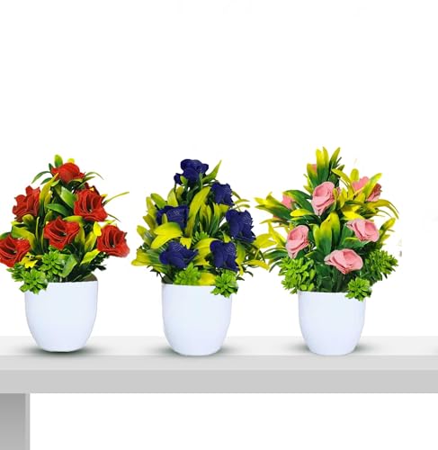 Image of Artificial Indoor Plant with Decorative Pot (7 Inch), Home Decor Items for Your Aesthetic Decor Like Living Room, Bedroom, Balcony and Party Decor (Red Pink Blue )