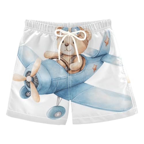 DOMIKING Bear Airplane Blue Toddler Boys' Swim Trunks Mesh Lining Swim Shorts for Beach Pool Gym Adjustable Waist