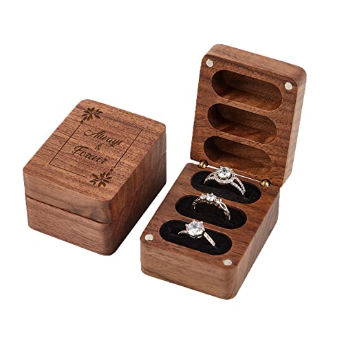 Roycraft Always & Forever Ring Box 3 Slot for Wedding Ceremony Engagement Birthday Ring Bearer Box Walnut Wooden Engraved - Black Lining