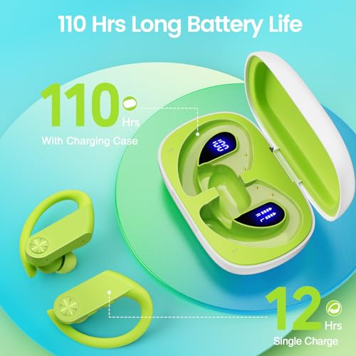 Wireless Earbuds Bluetooth Headphones 110Hrs Playback Sports Ear Buds with 2200mAh Charging Case & Dual Power Display Over-Ear Stereo Bass Earphones with Earhooks for Running Workout Green - Image 4