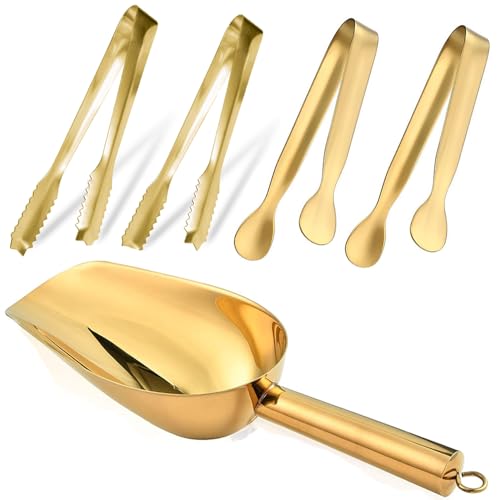 Stainless Steel Ice Scoop and Ice Tongs,Small Round Bottom Bar Ice Flour Utility Scoop 8oz& Buffet Clip 6inch Kitchen Bar BBQ Party Wedding, Gold