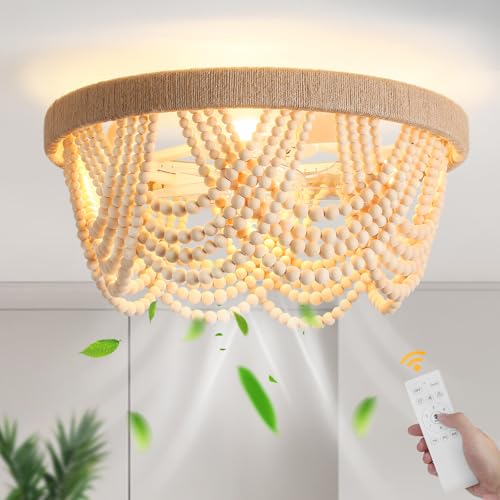 20 Boho Fandelier Ceiling Fan with Light and Remote Control 6 Speeds Low Profile Bladeless Ceiling Fan Wood Beaded Flush Mount Chandelier Fan for Bedroom Living Room