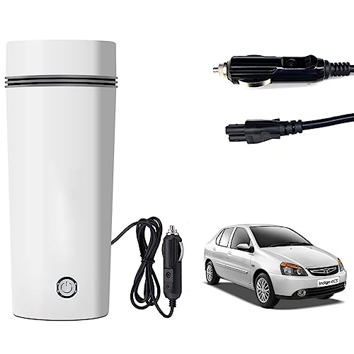 Image of Oshotto 12V Portable Electric Water Bottle for Hot Water Tea Coffee Kettle Mug Multipurpose Food Grade Fast Boil Auto Shut-off For Travel Camping, Road Trip Compatible with Tata Indigo (350ml) - White