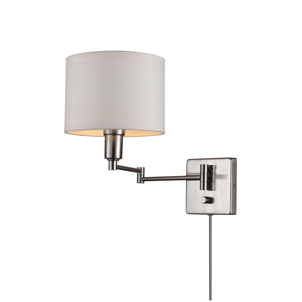 Faribo 1-Light Brushed Steel Plug-In or Hardwire Wall Sconce with White Fabric Drum Shade