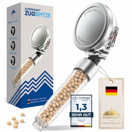 ALPENKRAFT Zugspitze Duschkopf Original Made in Germany - Duschkopf wassersparend und druckerhöhend - Hochdruckduschkopf mit Aktivkohle und Zeolith Filterperlen