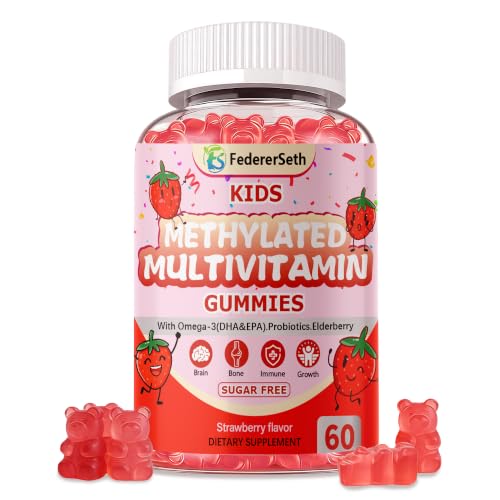 Kids Multivitamin Gummies for Picky Eaters Methylated Multivitamin for Kids 4+ with Omega 3 DHA EPA Methylfolate B12 Probiotics Elderberry Calcium D3 K2 0g Sugar Brain Immune Bone 60 Ct