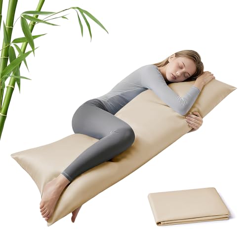 MR&HM Cooling Body Pillow Case 20x54 Body Pillow Cover for Hot Sleepers Breathable & Moisture Wicking Silky Soft Envelope Long Pillowcase Rayon Derived from Bamboo & Polyester Blend Beige