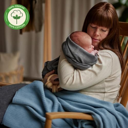 Image of 100% Organic Cotton Knit Receiving Baby Blanket for Newborns - Soft, Breathable Blanket for Crib & Stroller - Nursery Gift (Polar Blue)