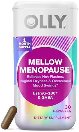 OLLY Mellow Menopause Supplements for Women, Supports Hot Flashes, Vaginal Dryness & Occasional Mood Swings,* Estro-G100®, GABA, Vegan Capsules, 1 Month Supply – 30 Count
