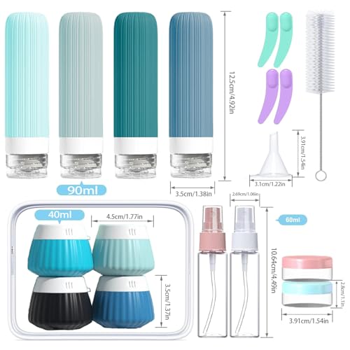 NuvaConx Reiseflaschen Zum Befüllen, 18 StüCk Silikon Reiseflaschen Set, Reiseset Flüssigkeiten Set mit TSA Genehmigt, Travel Essentials Nachfüllbare Reisegröße Flaschen, Reise Gadgets