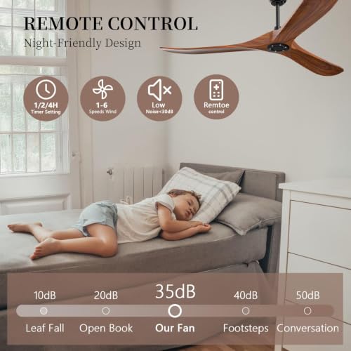 Image of Obabala 52 Inch Ceiling Fan No Light, Wood Indoor Outdoor Ceiling Fans Without Lights, Modern Propeller Exterior 3 Blade Wooden Fan for Patios Bedroom Living Room Porch(Walnut)