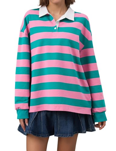 Meladyan Womens Striped Polo Sweatshirt Oversized Long Sleeve Lapel V Neck Pullover Shirt Loose Fit Collar Y2K Streetwear Blouses Pink-Green