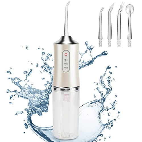 Water Flosser Portable Dental Oral Irrigator with 3 Modes, 4 Replaceable Jet Tips, Rechargeable Waterproof Teeth Cleaner for Home and Travel -220ml Detachable Reservoir