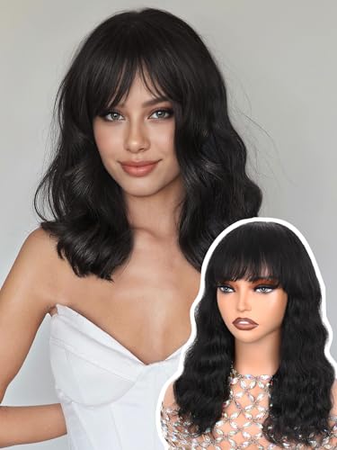 WIGNEE 100% Virgin Human Hair Natural Wave Wigs with Bangs Brazilian Human Hair Wave Wigs For Black Women Natural Black Color (14 Inch)