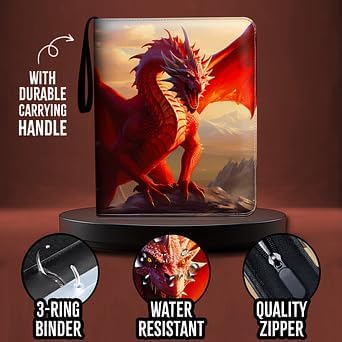 Dragon Themed Trading Card Binder - 13'' X 10.5" PU Leather Zippered Binder with Handle, 50 Sheets (9-Pocket Double Size), Holds 900 Cards, Velvet Liner, Includes Clear Card Holder