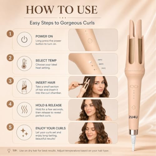 Image of 2U4U Automatic Hair Curler | Effortless Hair Styling with Adjustable Temperature and Smooth Rotating Design for Perfect Curls on All Hair Types