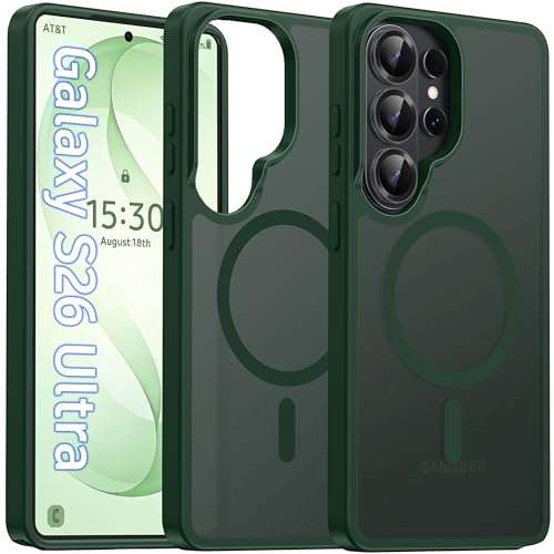 Image of Oterkin Magnetic for Samsung Galaxy S26 Ultra Case Matte, S26 Ultra Phone Case Compatible with MagSafe Frosted Translucent Shockproof Anti-Scratch Slim Fit Case Military Grade Protection (Dark Green)
