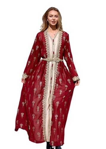 Image of HUSN Embroidered Two-Piece Abaya Set Long Cardigan with Gold Embroidery with Plus Size Inner Slip Kaftan for Eid