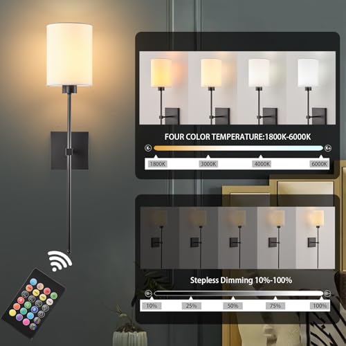 Image of Battery Operated Wall Sconce Set of Two,Wireless Rechargeable Wall Lights With Remote Control,Dimmable,4 CCT,RGB,Timer,Cordless Decor Lighting for Living Room, Bedroom, Entryway,Black, 26.8 Inch
