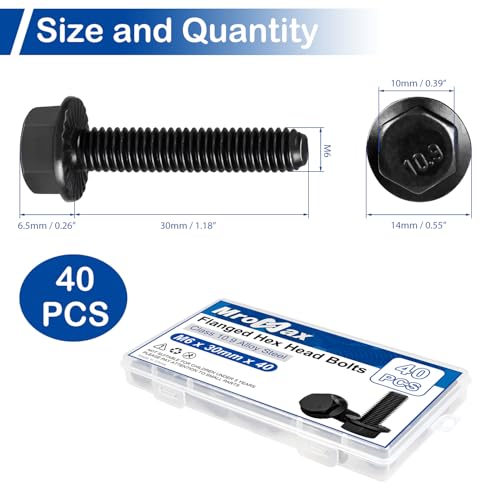 Image of M6-1.0 x 30mm Flanged Hex Head Bolts, 40Pcs Serrated Flange Bolt, Class 10.9 Alloy Steel, Black Oxide, Coarse Thread Fully Threaded, External Flange Hex Drive Screws, DIN6921 /GB5789