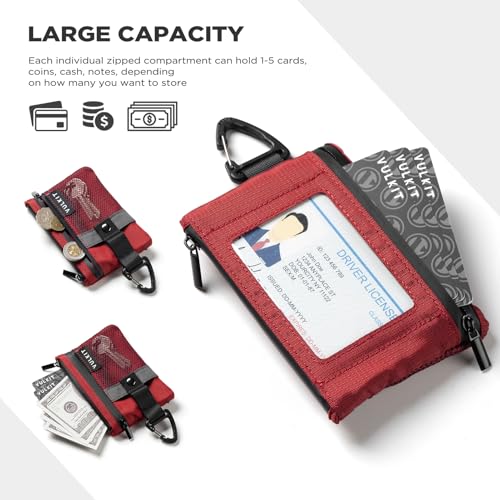 Image of VULKIT Small Minimalist Wallet for Women and Men RFID Blocking, Zipper Coin Pouch with ID Window and Keychain, Water Resistant Travel Lanyard Wallet Red
