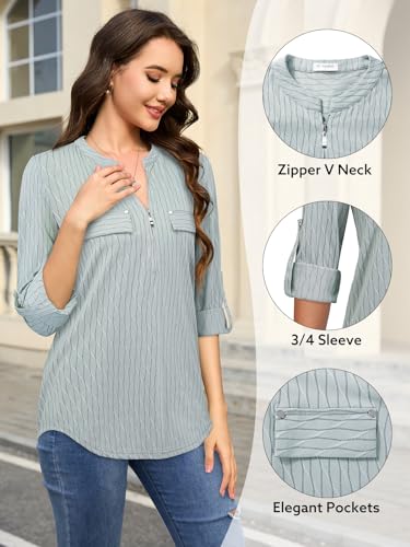 Image of Bulotus 3 /4 Length Sleeve Womens Striped Tops Zipper V Neck Collared Blouses Business Casual Tunics 2026 Spring Trendy